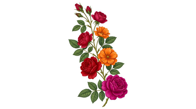Vertical floral arrangement of red roses, orange blossoms, and magenta rose on a branching stem with green leaves isolated on a transparent background for digital design and botanical art projects