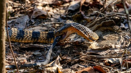 Fototapeta premium King cobra eating a snake in the wild, showing predatory behavior, reptile feeding, wildlife survival, natural food chain, hunting instinct, and the raw struggle for survival in nature