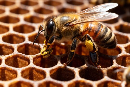 Honeybee collecting pollen on honeycomb