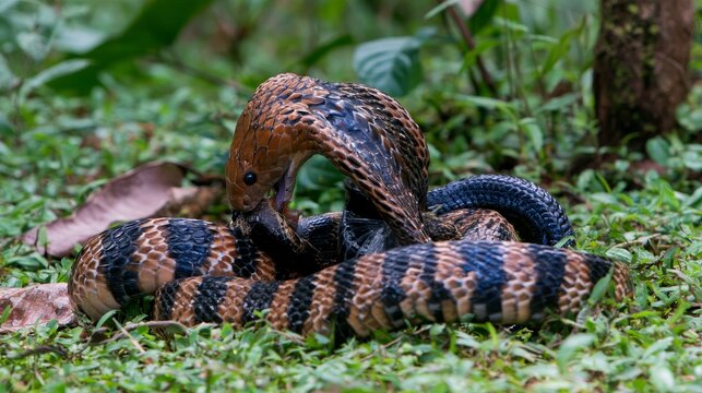 King cobra eating a snake in the wild, showing predatory behavior, reptile feeding, wildlife survival, natural food chain, hunting instinct, and the raw struggle for survival in nature