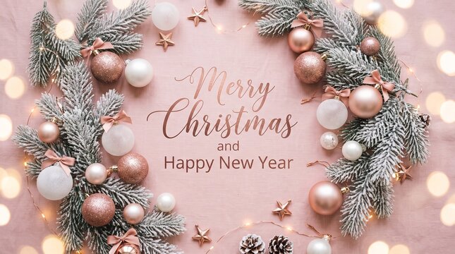 "Merry Christmas & Happy New Year" text on a soft pink background. Snowy pine branches, a ribbon, and pine cones. Elegant style. Christmas & New Year.