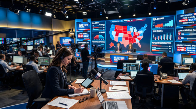 Journalist works in a busy television newsroom during the live coverage of the midterm election results night.