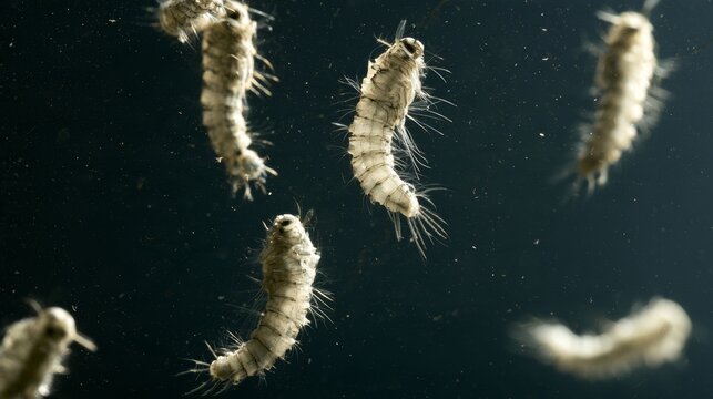 Mosquito larvae, also known as wrigglers, swimming in water, showing insect development and life cycle in an aquatic environment, mosquito breeding, immature insects, and natural disease ecology