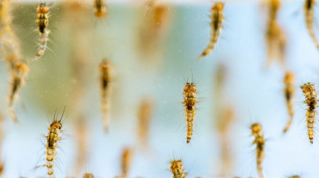Mosquito larvae, also known as wrigglers, swimming in water, showing insect development and life cycle in an aquatic environment, mosquito breeding, immature insects, and natural disease ecology