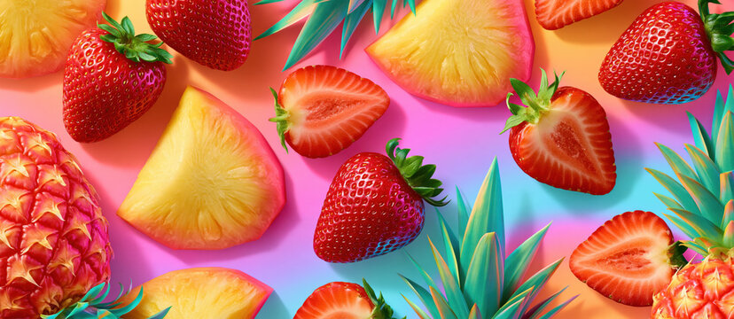 Strawberry pineapple fruit slice on pink background with colorful tropical pattern and fresh sweet summer style