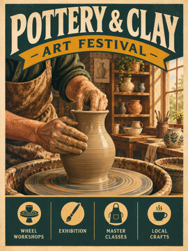 Vintage Pottery and Clay Art Festival Poster, Ceramic Potter Hands on Wheel Workshop Illustration