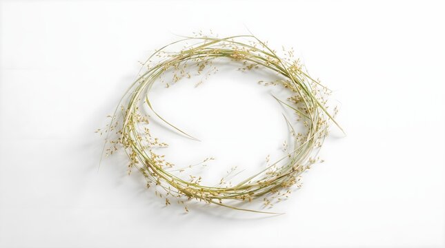 Delicate grass stems naturally arranged into a circular shape, creating an artistic botanical composition with an organic minimalist aesthetic.