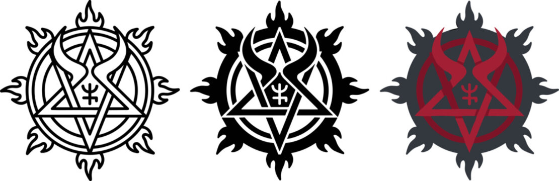 Set of three stylized occult symbols featuring a flaming circle, a pentagram, and demonic horns, vector illustration design elements
