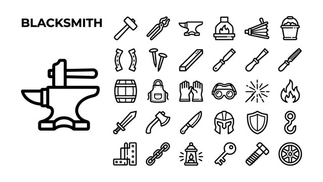 Blacksmith Tools and Iconography: A comprehensive collection of line art icons representing blacksmith tools and craftsmanship, including an anvil, hammer, tongs, sword, axe, and helmet.