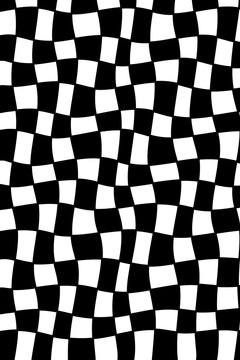 Black and white wavy checkered pattern background, distorted checkerboard texture