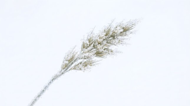 Fine frost crystals covering a delicate grass seed head, creating a detailed winter botanical image with soft icy textures.