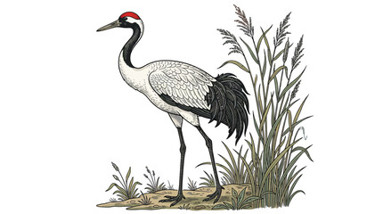 Obraz premium Elegant Crane Bird Standing Near Reeds