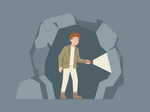 Man exploring cave with flashlight flat vector illustration