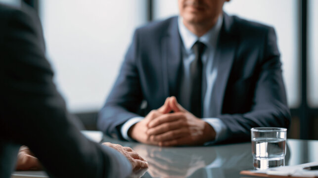 Business professionals having a serious face to face meeting across a table in a modern office during a negotiation or interview