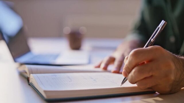 Student hands writing notebook. man Woman typing keyboard doing research online at home office. business manager draw making notes at desk. freelancer working surfing computer. school University study