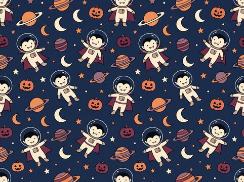 Halloween seamless pattern with cute vampires in astronaut suits, planets, pumpkins, and crescent moons on a dark background.