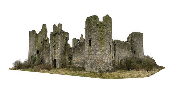 Ancient stone castle ruins with towers and mossy walls isolated on transparent background