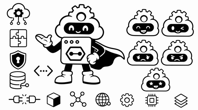 Cute cloud robot mascot with technology and security icon set.
