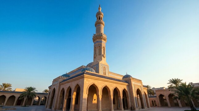 Majestic Islamic Mosque Architecture Featuring a Tall Minaret Under a Clear Morning Blue Sky in a Peaceful Religious Courtyard Setting