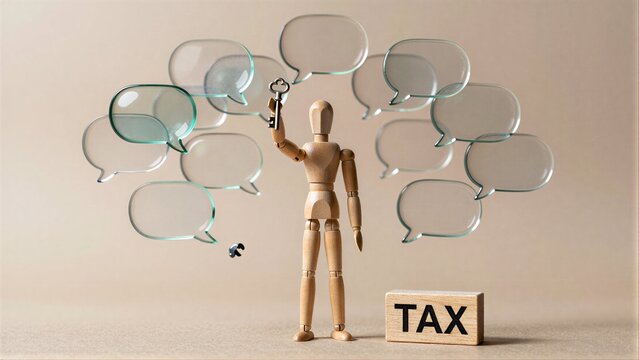 Wooden figure holds key, surrounded by speech bubbles near TAX block.
