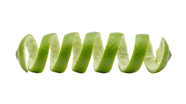 A single continuous long spiral twist of fresh vibrant green lime peel featuring a textured outer flavedo and pale spongy white albedo pith, captured horizontally against a clean white background
