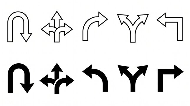 Minimal navigation and directional arrow icon collection featuring U-turns, left and right turns, route guidance symbols, traffic navigation signs, clean vector design.