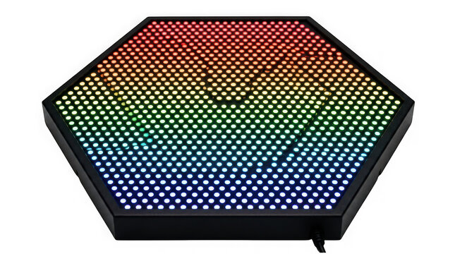 Hexagonal led light panel with colorful rgb dot matrix display isolated on transparent background