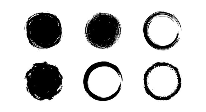 Abstract black brush strokes form imperfect circles and variations on a white background.