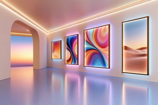 Modern art gallery interior with four illuminated abstract paintings on white walls, glowing neon frames, reflective floor and arched doorway to sunset view