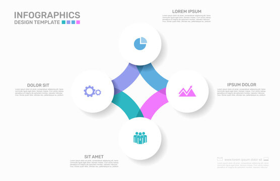 Circular infographics template with colorful steps and business icons for process workflow design. Vector illustration.