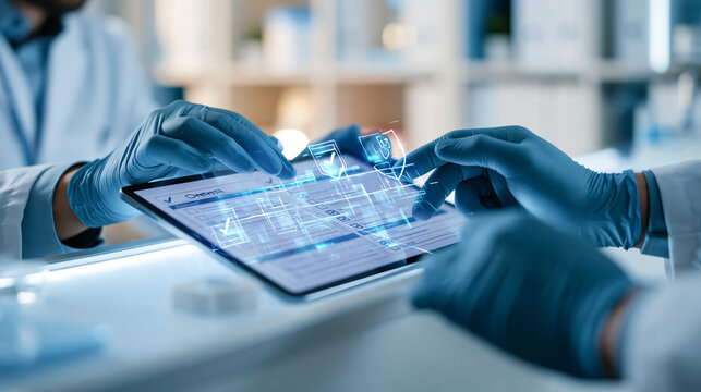 Over the shoulder view of a laboratory scientist reviewing documentation for pharmaceuticals and medical devices head beyond the upper crop while gloved hands compare a tablet