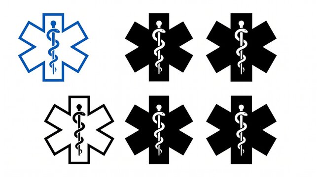 Professional emergency medical symbol collection featuring Star of Life emblems with Rod of Asclepius, healthcare insignias, ambulance service icons, clean vector.