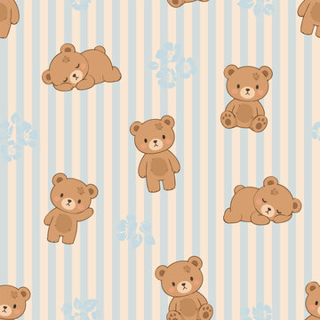 Cute Teddy Bear Seamless Pattern Pastel Hand Drawn Kids Design