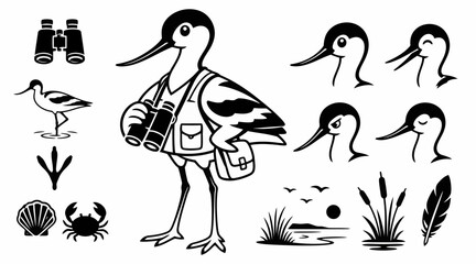 Obraz premium Bird watcher mascot with avian and nature icons.