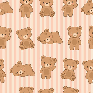 Cute Teddy Bear Seamless Pattern Pastel Hand Drawn Kids Design