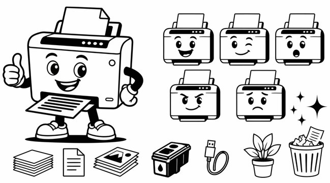 Friendly printer mascot character with office equipment and paper icons.