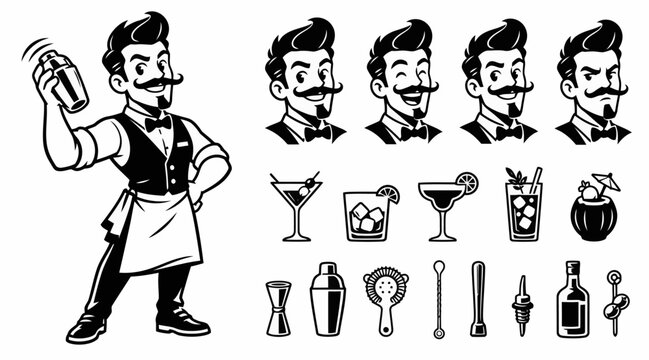 Professional bartender mascot set with cocktail and barware icons.