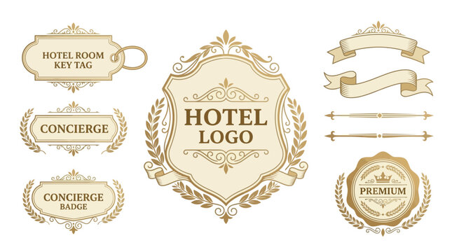 Vintage hotel logos, badges, and emblems isolated on transparent background