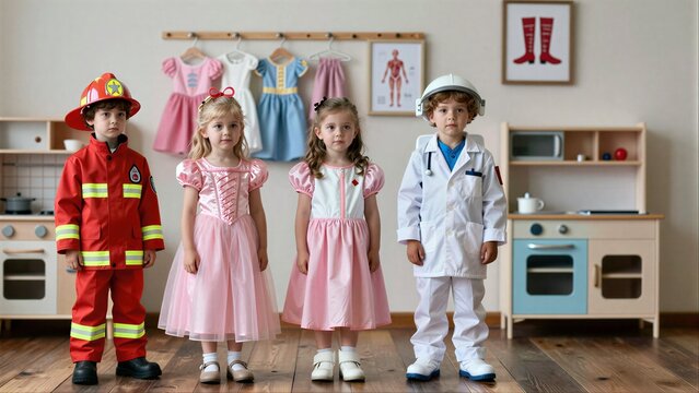 Four children in firefighter, princess, and doctor costumes stand proudly in a playroom.