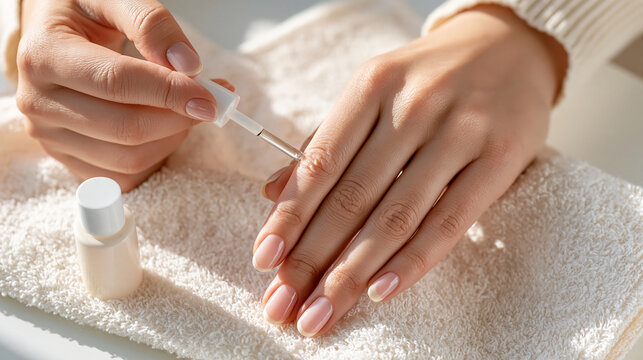 Close overhead view of a woman brushing clear nail oil around her natural cuticles one hand spread gently on a clean ivory towel while the other guides the applicator along the
