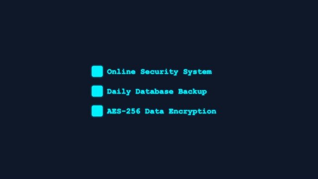 Cybersecurity features list with database backup and data encryption
