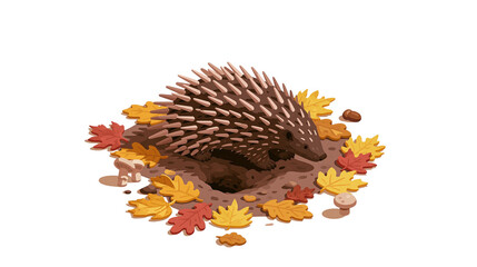 Obraz premium Brown porcupine with sharp quills resting among autumn leaves isolated on transparent background PNG element