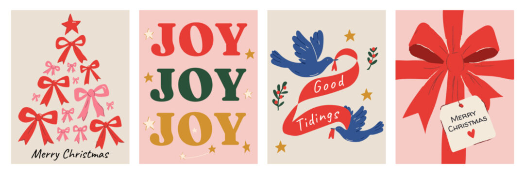 Hand drawn retro Christmas greeting card collection with festive bows, joy typography, flying birds, holly branches, stars and gift ribbon illustrations for holiday celebrations.