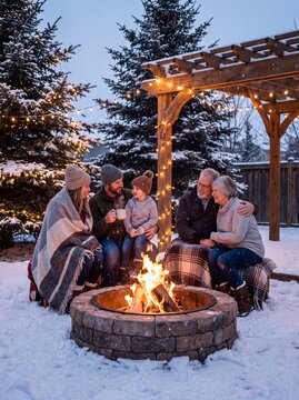 Family enjoying winter evening around campfire in snow-covered backyard with Christmas lights and decorated evergreen trees, warm clothing and cozy atmosphere