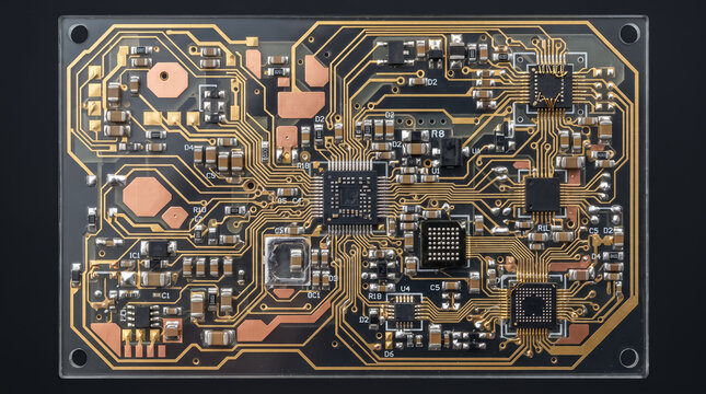 Detailed electronic circuit board with copper pathways and integrated microchips in a top view showing complex computer hardware engineering design