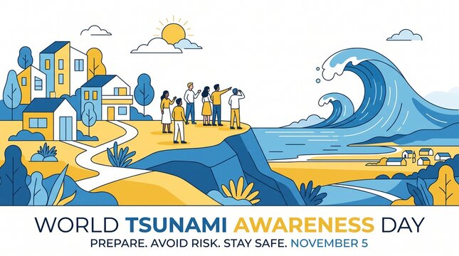 World Tsunami Awareness Day with Tsunami Preparedness, Coastal Safety and Disaster Risk Reduction Concept