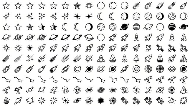 Comprehensive astronomy and education icon collection featuring stars, planets, moon phases, satellites, rockets, observatories, and celestial symbols, clean vector illustrations.