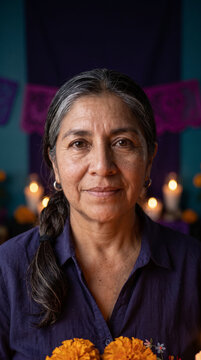 Resolute mature woman portrait with marigold garland and paper banners, Day of the Dead