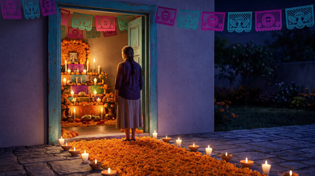 Quiet woman standing at open doorway before lit altar and marigold path, Dia de Muertos