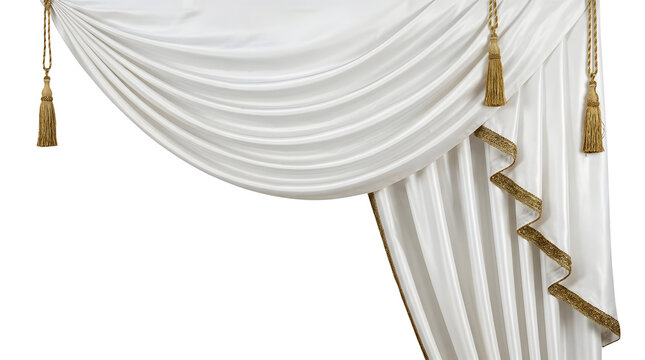 Luxurious white satin fabric drapes arranged in elegant swags, accented with hanging gold rope tassels and detailed metallic gold embroidered trim along the edges, isolated on a white background